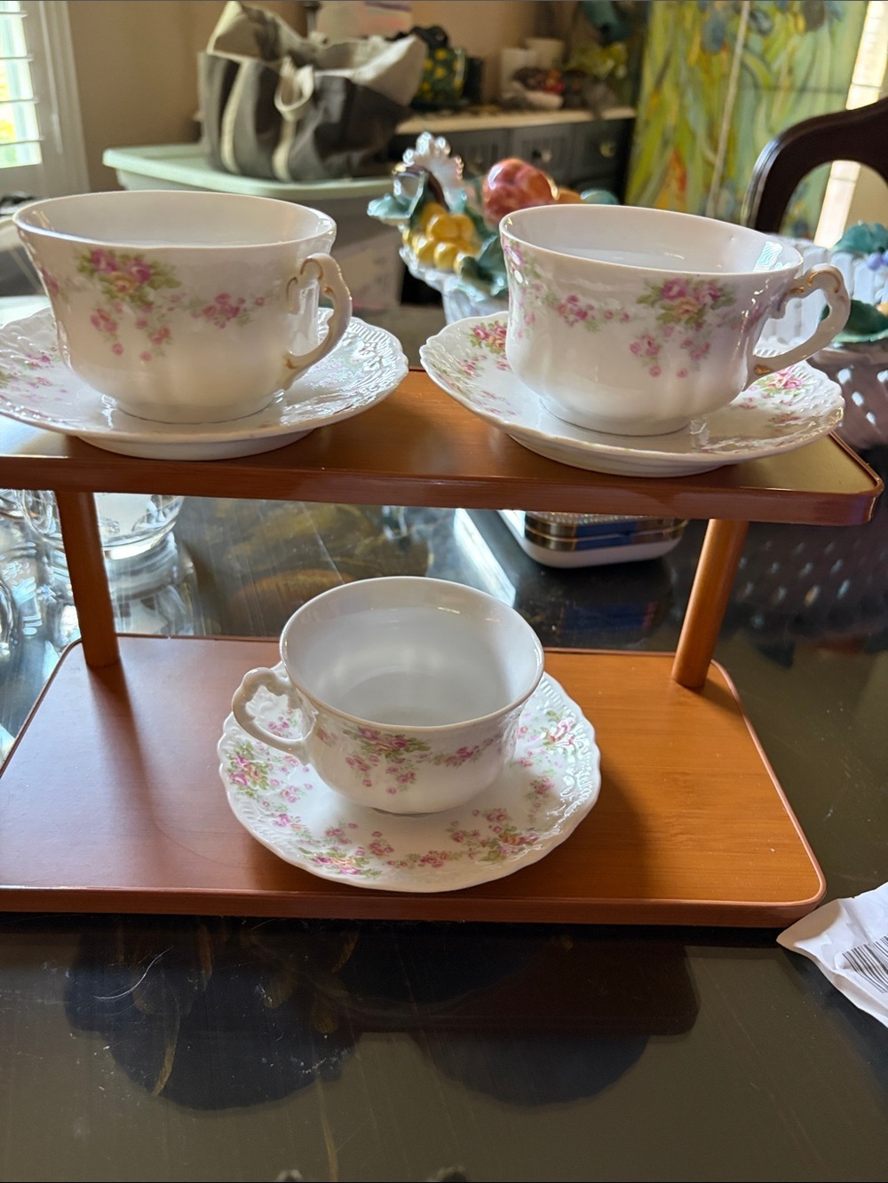 Antique Weimar - German pink rose porcelain cup /saucer set of three.